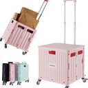 Folding Utility Cart Portable Rolling Crate Handcart Shopping Trolley Collapsible Tool Box, with Lid, Basket on 4 Rotate Wheels, for Grocery, Shopping, Office, Teacher (Pink)