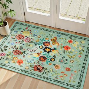 Rugflix 2x3 Small Area Rugs for Entryway, Washable Entrance Door Mat Non-Slip, Soft Low Pile Stain Resistant Vintage Floral Indoor Throw Rug for Kitchen, Bedroom, Hallway, Green
