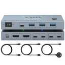 USB C KVM Switch 2 Monitors 2 Laptops, 4K@60Hz USB C Dual Monitor KVM Switch for 2 laptops to Share 2 Monitors and 4 USB3.0 Devices, 80W PD Charging, Wired Remote and Cables Included (silver)