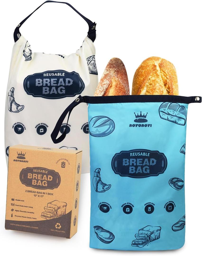 Royoroyi Bread Bags for Homemade Bread,2 Packs Reusable Bread Bag,Freezer Bread Storage Bag,Waterproof Zipper Bread Container to Keep Bread Fresh gift giving (beige Jewel Blue)