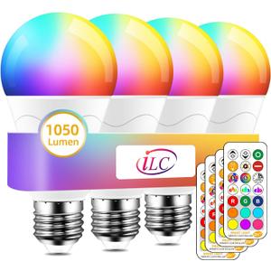 ILC LED Light Bulb 85W Equivalent, Color Changing Light Bulbs 2700K Warm White, Remote Control RGB 6 Modes, Timing, Sync, Dimmable E26 Screw Base (4 Pack)