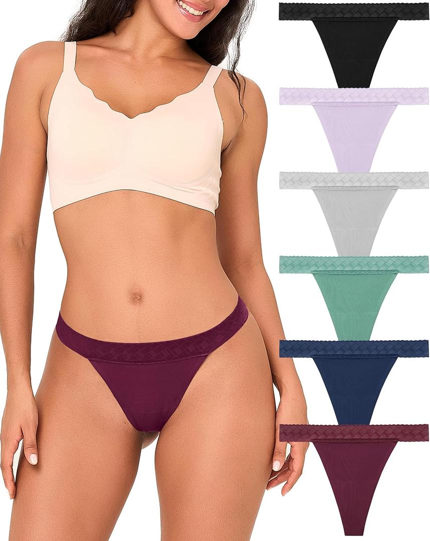 BAMBOO COOL Women's Thongs Seamless Moisture-Wicking Breathable Underwear High Stretchy Mid Waisted Panties Tagless 6 Pack (S)