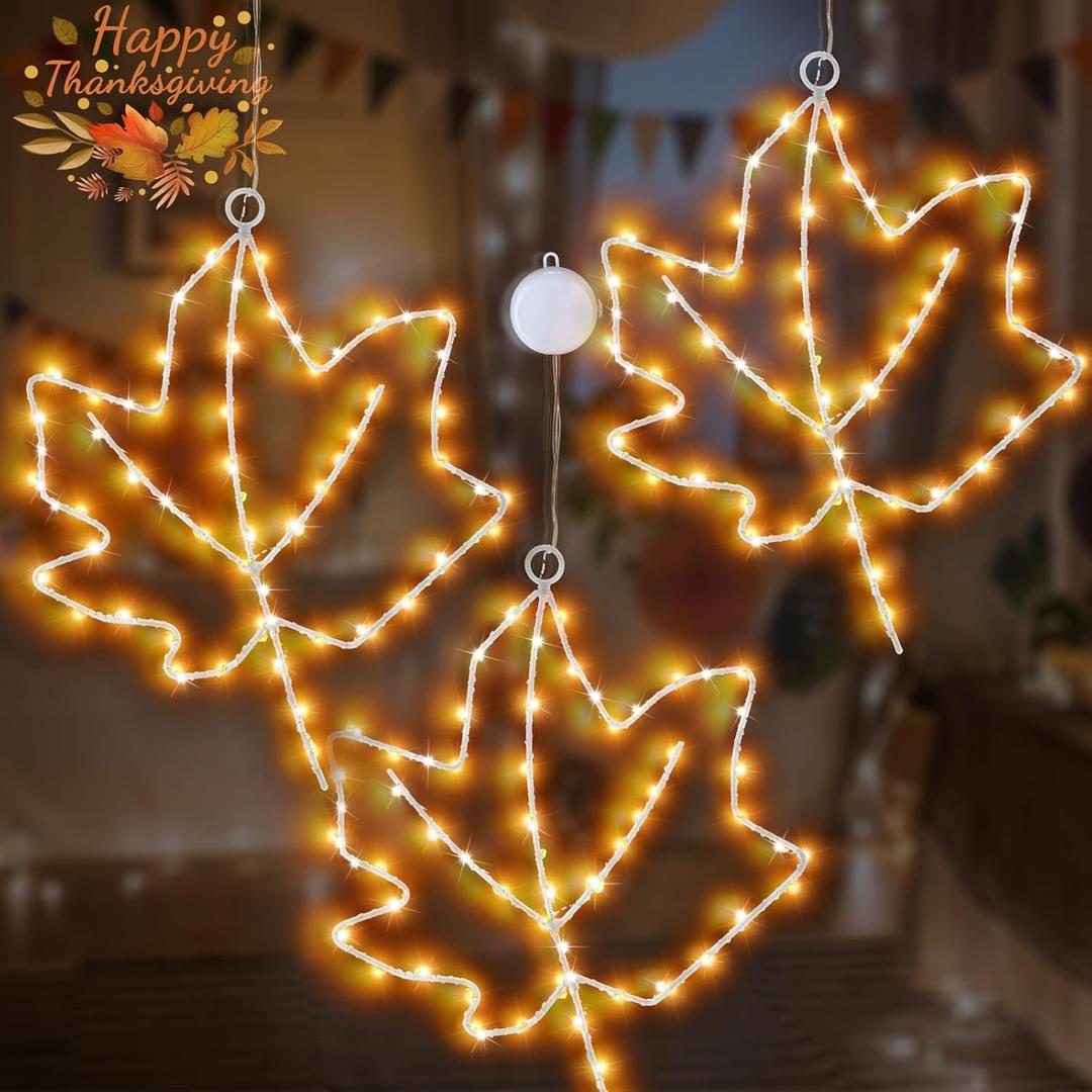 3Pcs Fall Window Decorations Maple Leaf Lights, Battery Operated Thanksgiving Window Lights with Timer,Metal Frame LED Fall Window Hanging Maple Lights for Home Party Thanksgiving Autumn Harvest Dcor