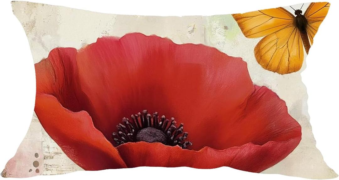 Ink Painting Watercolor Red Poppy Flowers Yellow Summer Decorative Lumbar Pillowcase Throw Pillow Cover Case Chair Sofa Bed Home Decoration Cotton Linen Rectangular 12 x 20 Inches