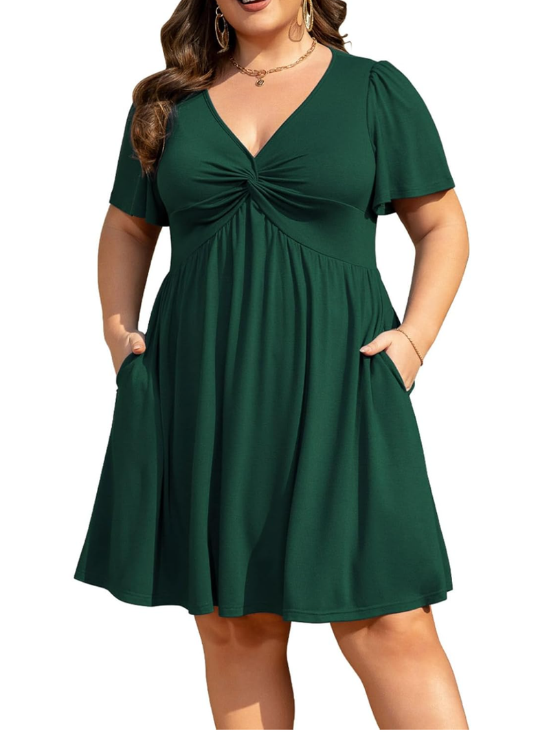 Womens Plus Size Summer Dress Casual Short Sleeves Deep V Neck Twist Knot Front Flowy Dress with Pockets Amazon's Choice, 2Xl