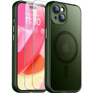 SPIDERCASE Designed for iPhone 15 Case, Magnetic with [2 Tempered Glass Screen Protector] [Full Camera Protection] Translucent Matte Slim Phone Case for iPhone 15 6.1, Green