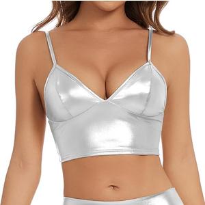 Women's Metallic Crop Tops Shiny V-Neck Tube Bra for Dancing, Raves, Festivals, Costumes Size S