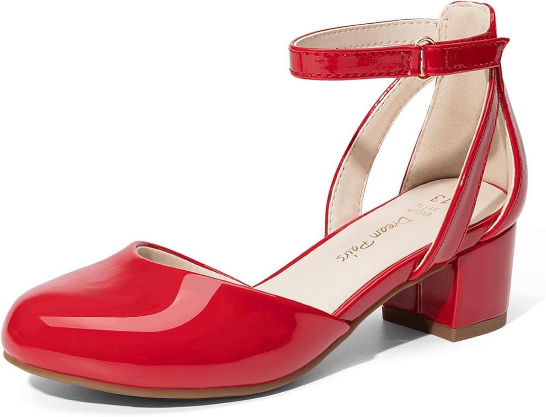 DREAM PAIRS Girls Dress Shoes Closed Toe High Heels Ankle Strap Toddler Little Big Kid Wedding Flower Party Pump, Size 1 Little Kid, Red, KKUMPU2501