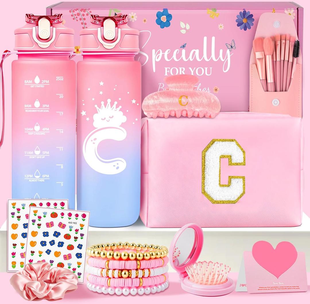 Awfrky Initial Makeup Bag - Birthday Gifts for Girls 4 5 6 7 8 9 10 11 12 Year Old Teen Girls, Personalized Teen Girl Gifts - Preppy Cosmetic Bags Cute claw clips for Kids Women (Pink C)