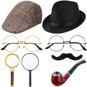 Jeyiour 8 pcs Detective Costume Accessories for Adults Detective Hat Kit Outfit Party Decoration