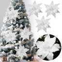 Soulchen 4 Pcs Large White Pearl Poinsettia Christmas Flowers Picks 11 '' Artificial Glitter Poinsettia Floral with Stem for Xmas Winter Tree Garland Vase Wreath Decoration Supplies