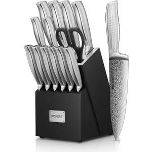 Knife Set with Block, FOHERE Stainless Steel Knife Block Set with Advanced Self Sharpening Technology, 14 Pieces Waved Texture Kitchen Knife Set, Sharp Knives with Non-slip Ergonomic Handle