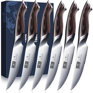 Steak Knives Set of 6, Ultra Sharp 4.5 Inch Serrated Steak Knife Set, Japanese High Carbon Steel Kitchen Steak Knives with Ergonomic Handle