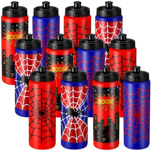 12 Pcs Spider Water Bottle 20 oz Plastic Squeeze Water Bottle Reusable Cup Gifts for Team Sports Travel Cartoon Theme Birthday Party Favors