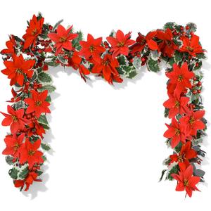 IWNTWY Christmas Garland, Artificial Red Flowers with Berries and Holly Leaves Garland for Indoor Outdoor Christmas New Year Home Tables Centerpieces Decorations