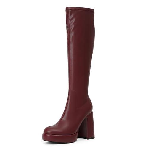 Modatope Knee High Platform Boots for Women Chunky Heel Burgundy Platform Knee High Boots Womens Rounded Toe Side Zipper Tall Boots for Women Size 8