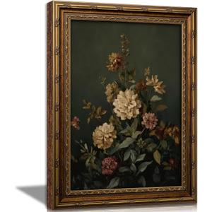 Vintage Gold Framed Moody Floral Wall Art,Dark Green Botanical Canvas Print, 24"LX16"W