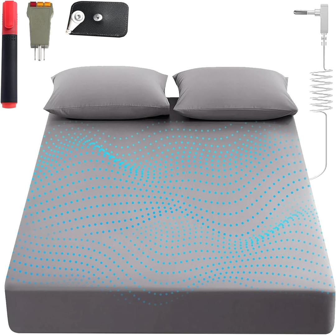 Grounding Sheets King, 90% Organic Cotton+ 10% Pure Silver Fiber,Grounded Bed Sheet Kit, Deep Pocket Grounded Bed Sheet, Relieves Pain - Used for Healthy Sleep Therapy(Gray, Queen)