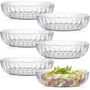 Fasmov 6 Pack Plastic Serving Bowls, Square Serving Bowls, 72 Ounce Large Elegant Diamond Pattern Plastic Bowls for Salad, Party Snack, Popcorn, Chip, Buffet, Candy, Fruit, Clear