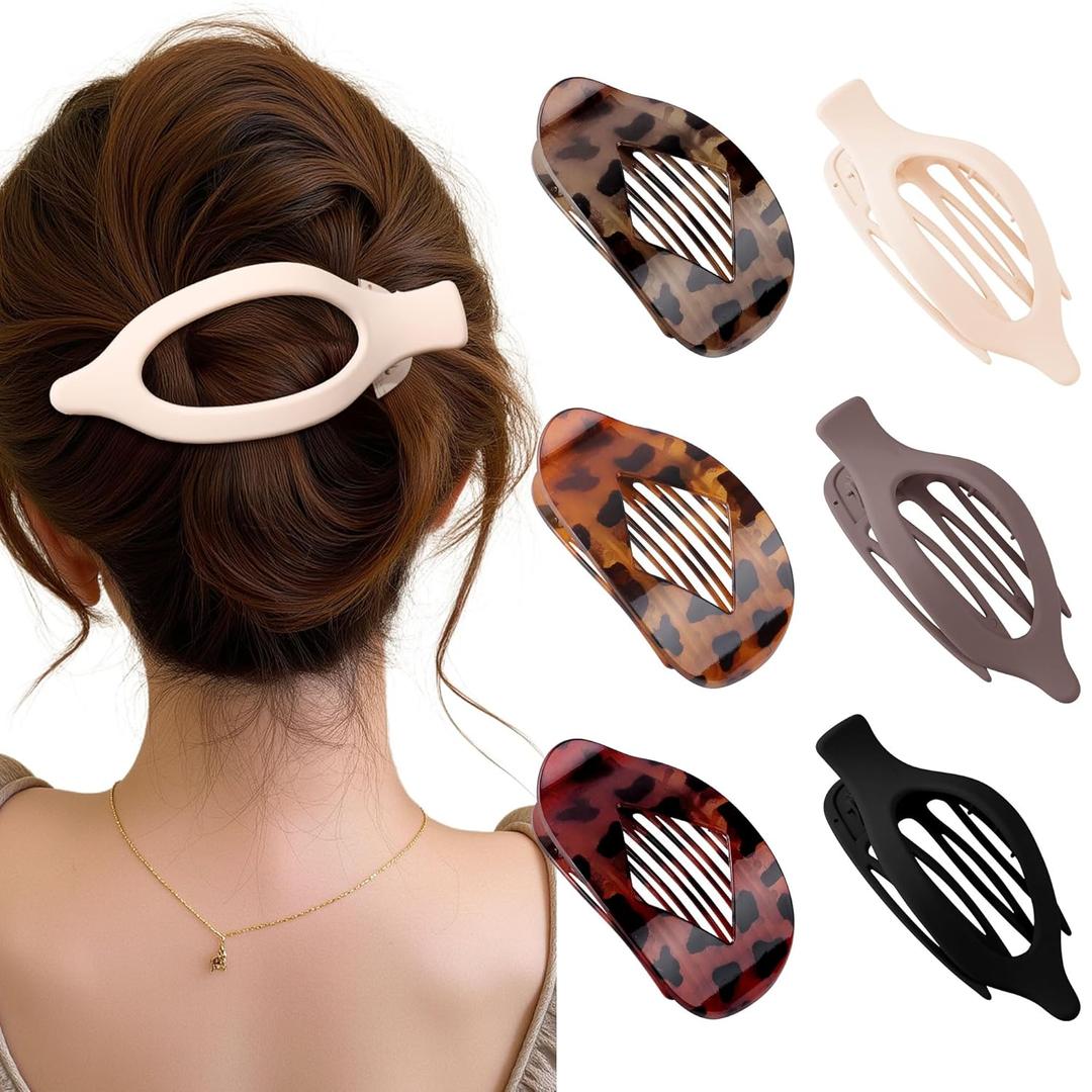 Lourny Flat Hair Clips for Women, French Flat Claw Clips & Duckbill Hair Clips for Thin Hair Lightweight Non-Slip Large Claw Clips for Women 6PCS (Matte Brown Leopard Print)