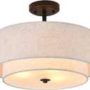 3-Light Semi Flush Mount Ceiling Light Fixture, 16" Black Drum Light Fixture with 2-Laye Fabric Shade Lamps, Modern Close to Ceiling Light for Bedroom Living Dining Room Kitchen Hallway Entryway