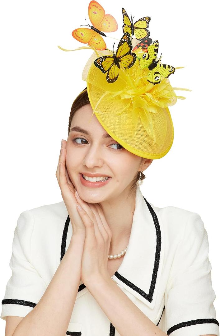Gionforsy Butterfly Fascinator Hat Feather Tea Party Hat Monarch Butterfly Headband Fascinators for Wedding (Yellow)