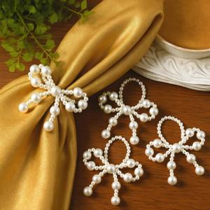 12 Pcs Pearl Bow Napkin Rings Imitation Bow Pearl Ring Napkin Holder Delicate Beaded Serviette Buckles for Christmas Wedding Party Dinner Table Decor and Daily Use(Elegant)