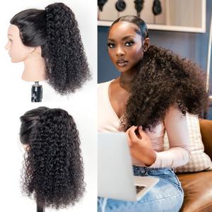 Kinky Curly Ponytail Extension Drawstring Human Hair Clip In Brazilian Virgin Human Hair Ponytails For Black Women Curly Wave Hair Pieces Natural Black 16 Inch