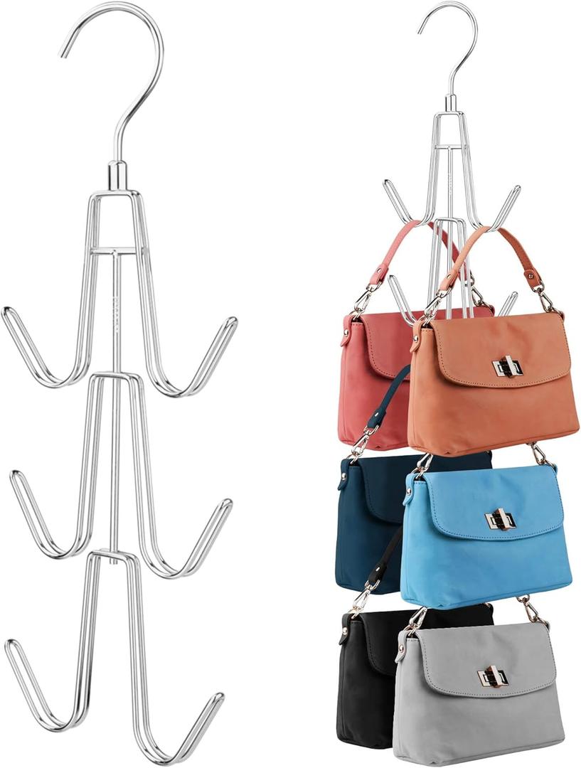 ZEDODIER 2 Pack Purse Organizer for Closet, Heavy-Duty Hanging Purse Hanger Closet Holds Up to 12 Purses, Metal Rotating Space Saving Bag Holder Handbag Storage Hook Backpack Rack, Silver