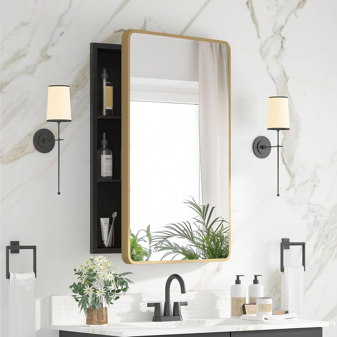 Medicine Cabinet 20 x 28 Inch, Brush Gold Bathroom Medicine Cabinet with Mirror,Metal Beveled Mirror, Adjustable Shelves, Recessed or Wall Mount, Sturdy & Solid, Bathroom Mirror with Storage