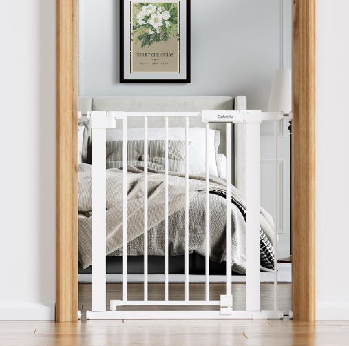Babelio 26-31 in Baby Gate for Stairs, PressGuard Pet Gate with Wide Door | Pressure/Wall Mount, Dual Lock with Indicator, Auto Close, Heavy Duty, Easy Install for Doorways, Kitchens, Hallway, White