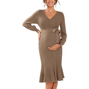 V FOR CITY Maternity Sweater Dress Baby Shower Party Wrap V Neck Tie Waist Knit Winter Dresses Tan Large