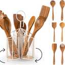 Rotating Utensil Holder with 3 Compartments & Cork Bottom  Premium Matte White Metal + 9-Piece Acacia Wood Kitchen Utensil Set  Countertop Organizer for Cooking Tools, Housewarming & Holiday Gifts