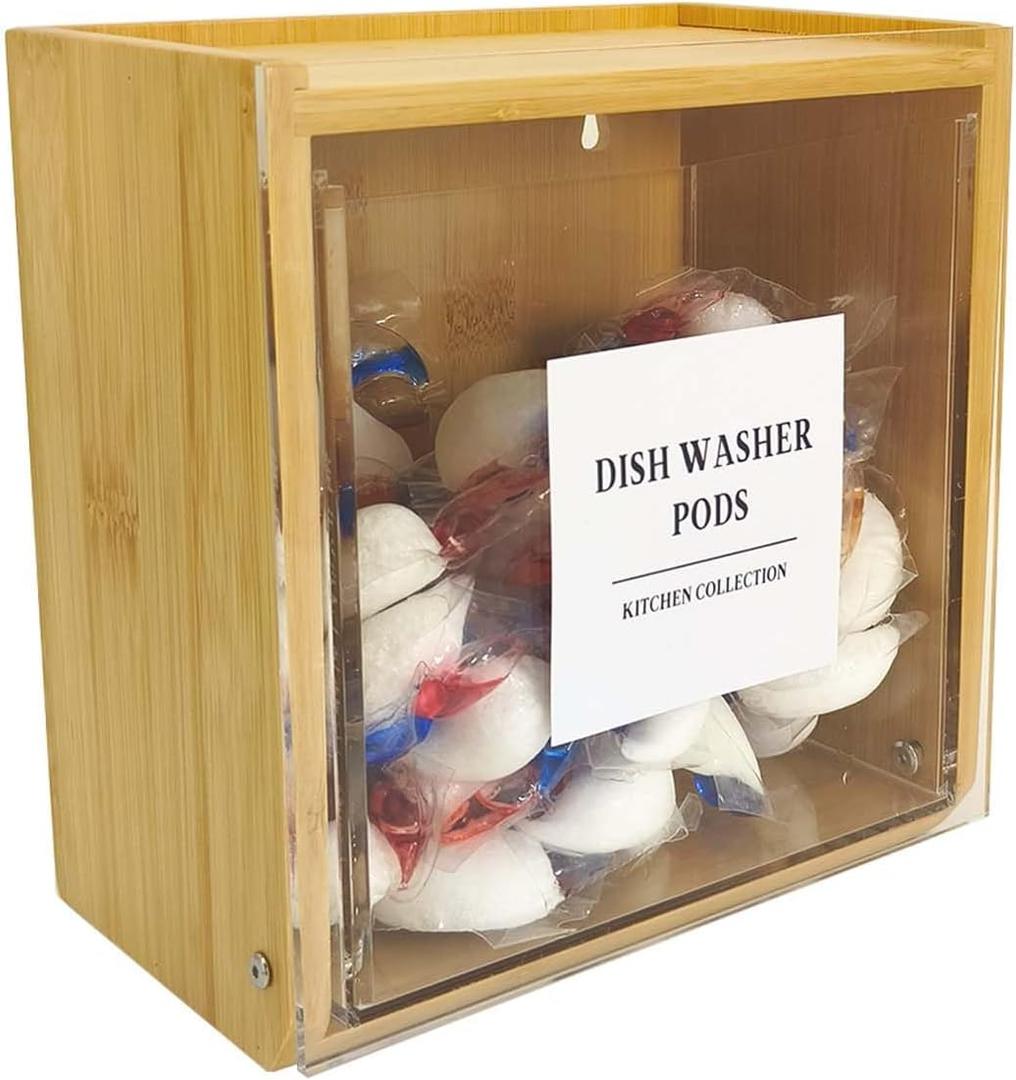 Laundry Pods Container, Acrylic Wall Mounted Organizer with Extra Labels, Candy Dispenser Coffee Pod Holder Dishwasher Pods Case for Home,Kitchen, Office, Bamboo