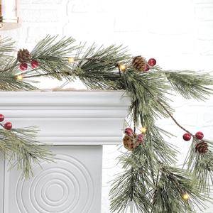 6.4FT Rustic Christmas Garland with Light, Pre-lit Outdoor with Pine Needles Cones for Fireplace Door Porch Mantel Centerpiece Xmas Decoration, Green (Dense Pine Needle)