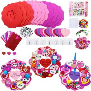 Valentine's Day Foam Heart Craft Kits Valentine Heart Ornaments Decorations 12 Sets Hearts Wreath DIY Crafts Kit Assorted Heart Foam Stickers Pom-poms Googly Eyes for Gift Exchange Activities