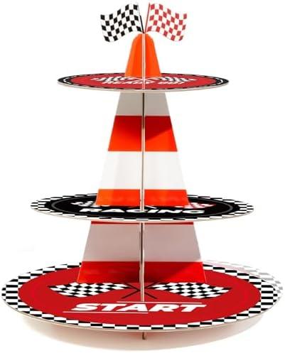 xbaiyanr 3-Tier Racing Traffic Cones Cupcake Stand for Race Car Birthday Party Decorations,Race Car Party Supplies, Paper Rounded Table Centerpiece for Cakes, Muffins, Macaroons