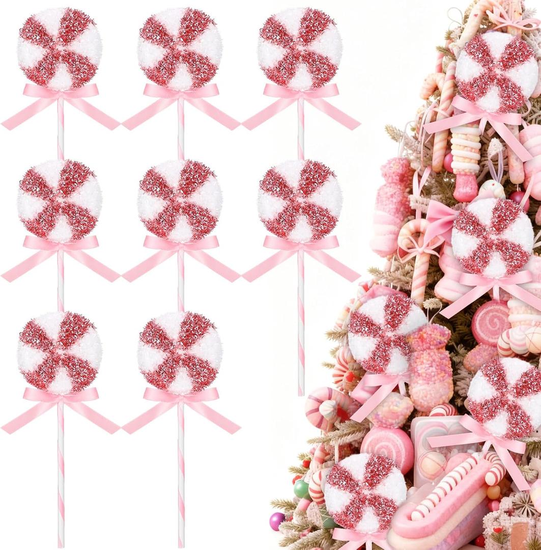 2 x Geelin 8 Pcs Candy Cane Christmas Tree Decorations Lollipop Ornaments Xmas Tree Peppermint Hanging Decor Plastic Pink Candy Handcrafted Ornaments for Home Office Holiday Decoration Party Favors