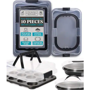 Country Kitchen Baking Pans Set 10 Piece Non-Stick Cake Pans with Carry Lids for Storage & Travel, Perfect for Parties Stackabl