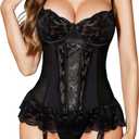 RSLOVE Lingerie Sets for Women Sexy - Lace Corset Style Sheer Mesh Bodysuit with Garter Belts Underwire Babydoll Sleepwear (Large, Black)