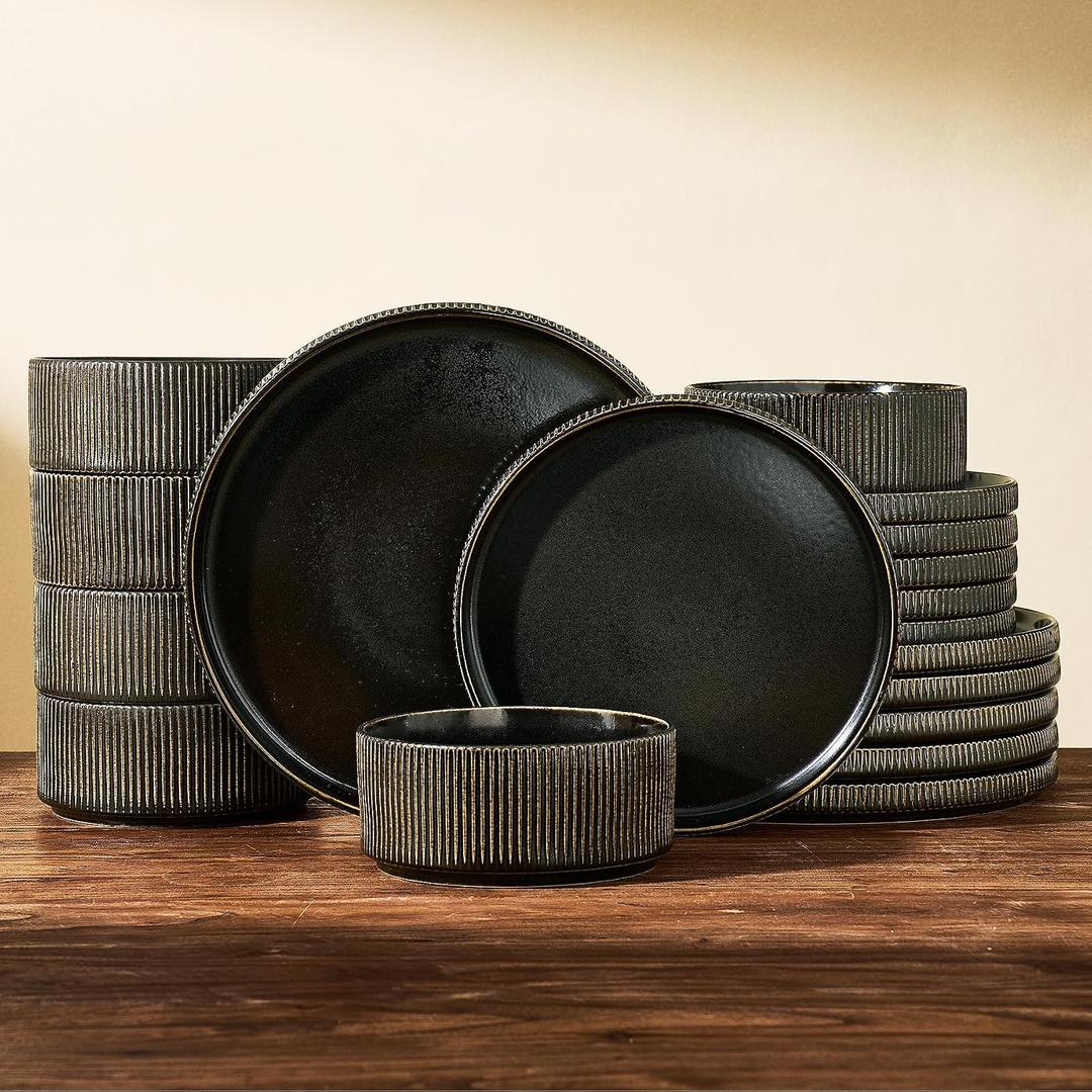 Dinnerware Set for 6, Ceramic Ribbed Plates, Bowls, Dishes