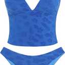 ZAFUL Women's Spaghetti Strap Tankini Swimsuits V Neck Tummy Control Tie Side Thong Bikini Swimsuits 2 Piece Bathing Suits (Large, 1-a-deep Blue)