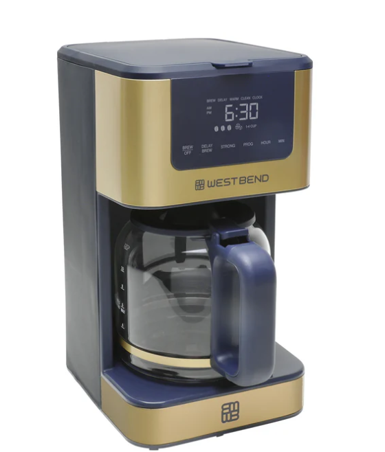 West Bend Drip Coffee Maker Brews Hot or Iced, Programmable with Brew Strength Selector Auto Shut-Off and 6 Functions Permanent Mesh Filter and Glass Carafe, 12-Cup, Metallic, Slate Blue/Gold