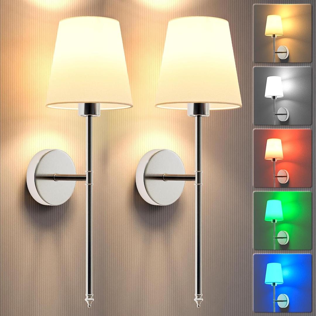 Wall Lights Battery Operated Wall Sconces Set of 2,Silver Wireless Wall Sconces with Remote,9 Colors Modes Rechargeable Wall lamp for Bedroom Living Room