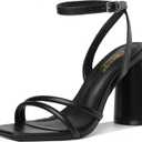 RIBONGZ Block Heels Prom Heeled Sandals for Women Chunky Square Open Toe Strappy High Heels Ankle Strap Wedding Bridal Shoes High Heel Sandals for Party Dress (Black)