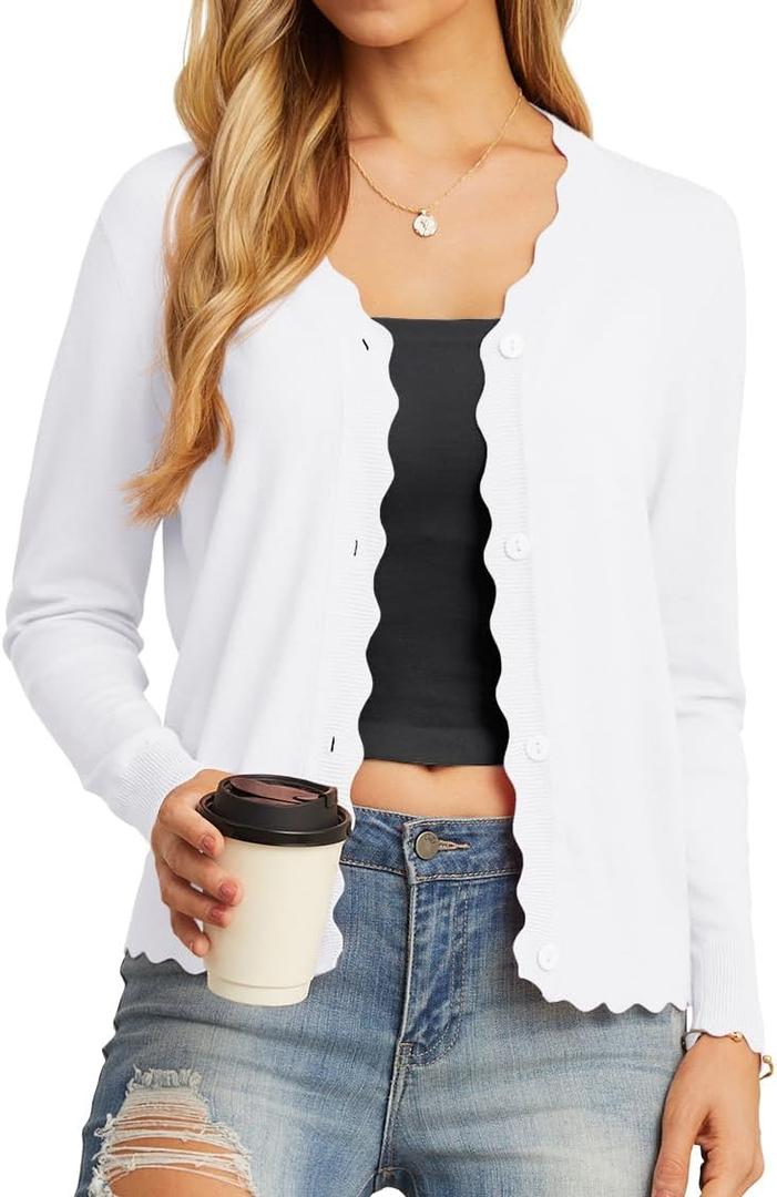 GRECERELLE Women's Long Sleeve Button Down Cardigan V-Neck Fall Shrug Sweaters(White, Large)
