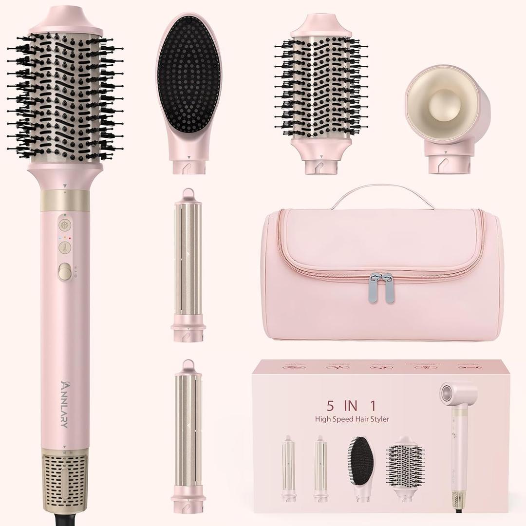 5 in 1 Ionic Hot Air Styler, 1400W Powerful Hair Dryer Brush, Auto-Wrap Curlers, Paddle Brush for Fast Drying, Curling, Straightening, Volumizing with Travel & Storage Bag
