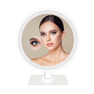 Acrylic Light Guide Round Desktop Vanity Mirror with Light, White, 3 Color Modes, Touch, 70 Rotation, 10x Magnifier (Painted White)