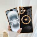 SAKUULO Case for iPhone 16 Cute Plating Case[Compatible with Magsafe] for Women Girls Electroplated Heart Soft TPU Shockproof Camera Protection Bumper Cover for iPhone 16 6.1",Black