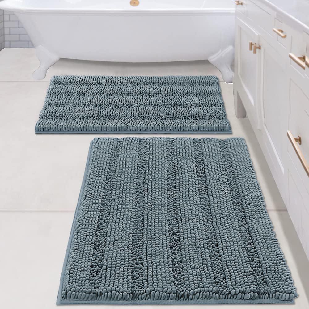 H.VERSAILTEX 2 Piece Bathroom Set - Super Absorbent Chenille Striped Bath Mats - Non Skid, Machine Washable - Stone Blue, 24 x 36 Plus 20 x 32 Inches